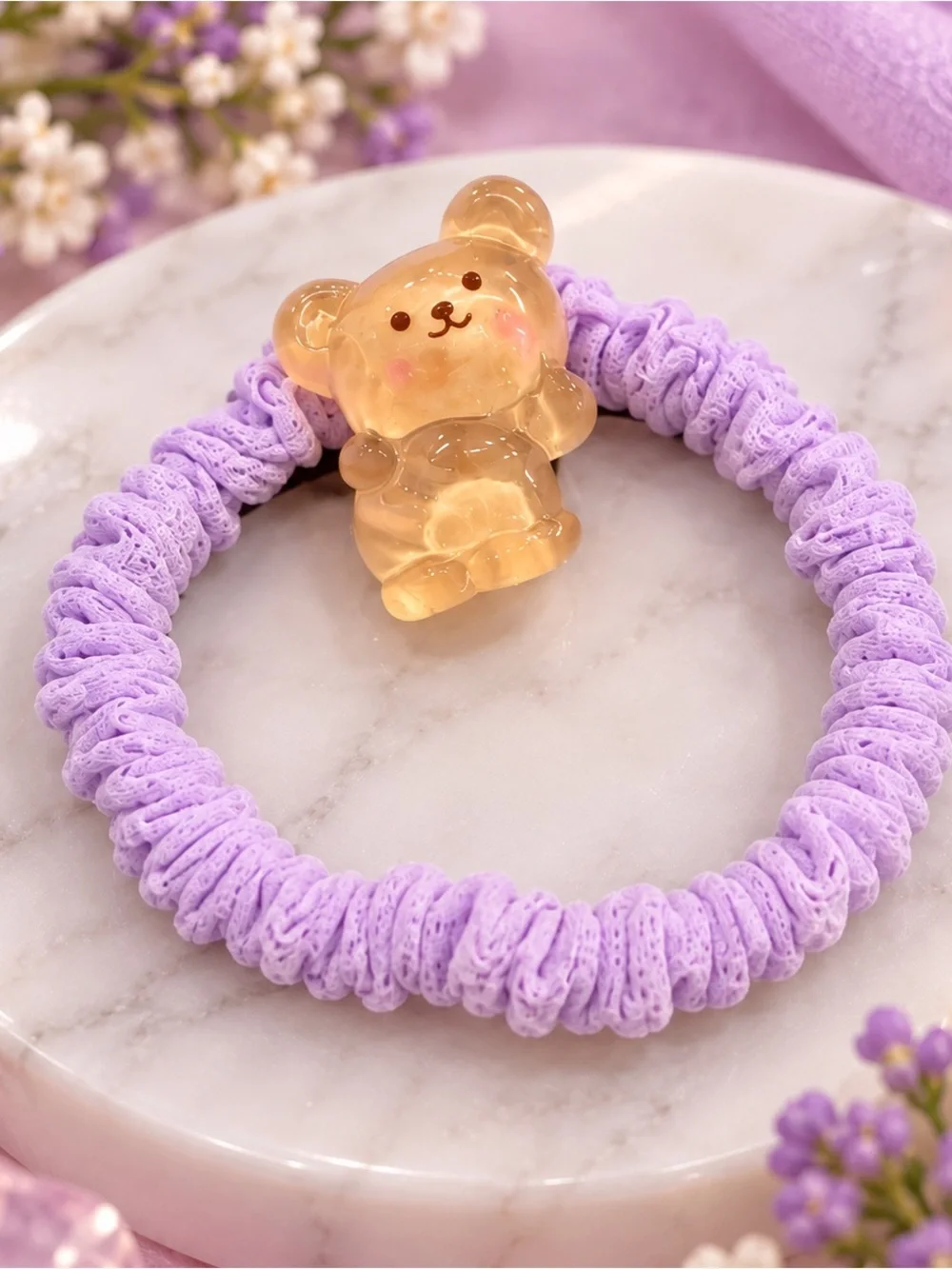 Kids Lavender Bear Charm Hair Tie - Cute Stretch Scrunchie